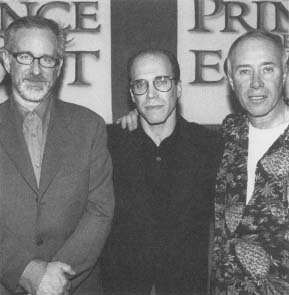 DreamWorks chiefs Steven Spielberg, Jeffrey Katzenberg, and David Geffen get together for a group photo during a special screening of The Prince of Egypt in Los Angeles, California, in 1998. Reproduced by permission of AP/Wide World Photos.