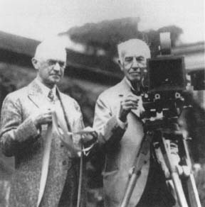 George Eastman, left, and Thomas Edison in the late 1920s. Their contributions-Edison invented motion picture equipment and Kodak invented roll-film and the camera box—helped create the motion picture industry. Reproduced by permission of AP/Wide World Photos.