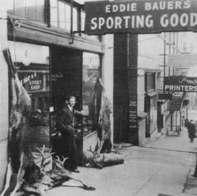 Eddie Bauer standing outside his sporting goods store in 1920. Reproduced by permission of Corbis Corporation (Bellevue).