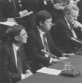 Bill Gates with Sun Microsystems president Scott McNealy and Netscape Communications Corporation president Jim Barksdale as they testify before the U.S. Senate judiciary committee on anticompetitive issues and technology in March 1998. Reproduced by permission of AP/Wide World Photos.